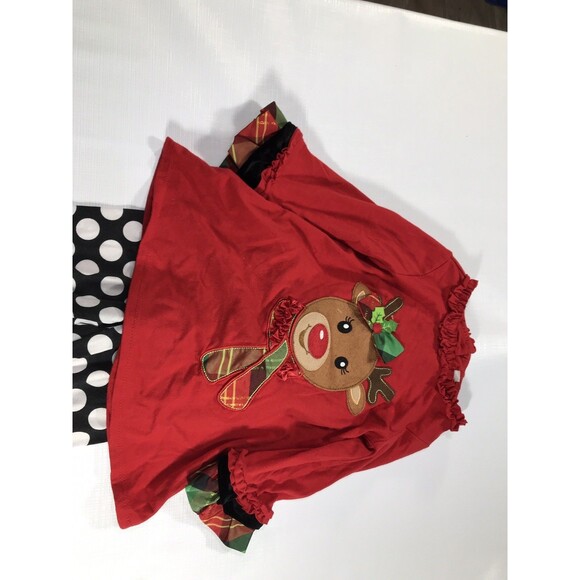 Rare Too Xmas Outfit Girls 3t Polka Dot Plaid Pant Red Top Reindeer Ruffle Hems - Picture 3 of 6